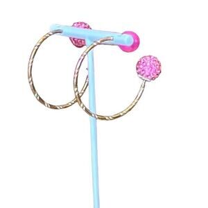 Vintage Earrings Open Hoop with Pink Glitter Ball